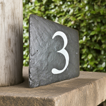 Slate house number '3' on a wooden surface with a green bush background