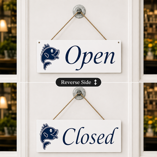 Open and closed fish hanging sign for fish and chip shops, fishing tackle shops and bait shops