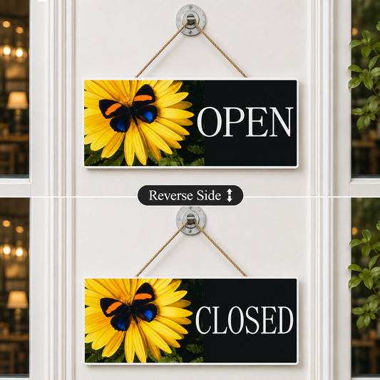 Open and closed flower and butterfly hanging sign for florists, boutiques and shop doors