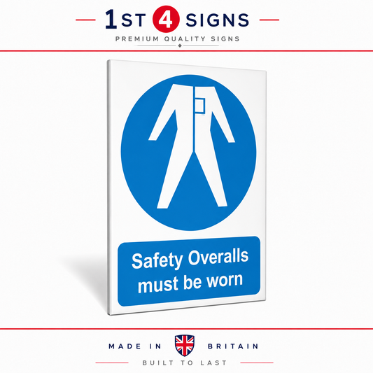 A rectangular safety sign with a blue circle and white safety overalls icon, plus the text 'Safety Overalls must be worn' on a white signboard. The image includes '1ST 4 SIGNS' branding at the top and 'MADE IN BRITAIN BUILT TO LAST' at the bottom.