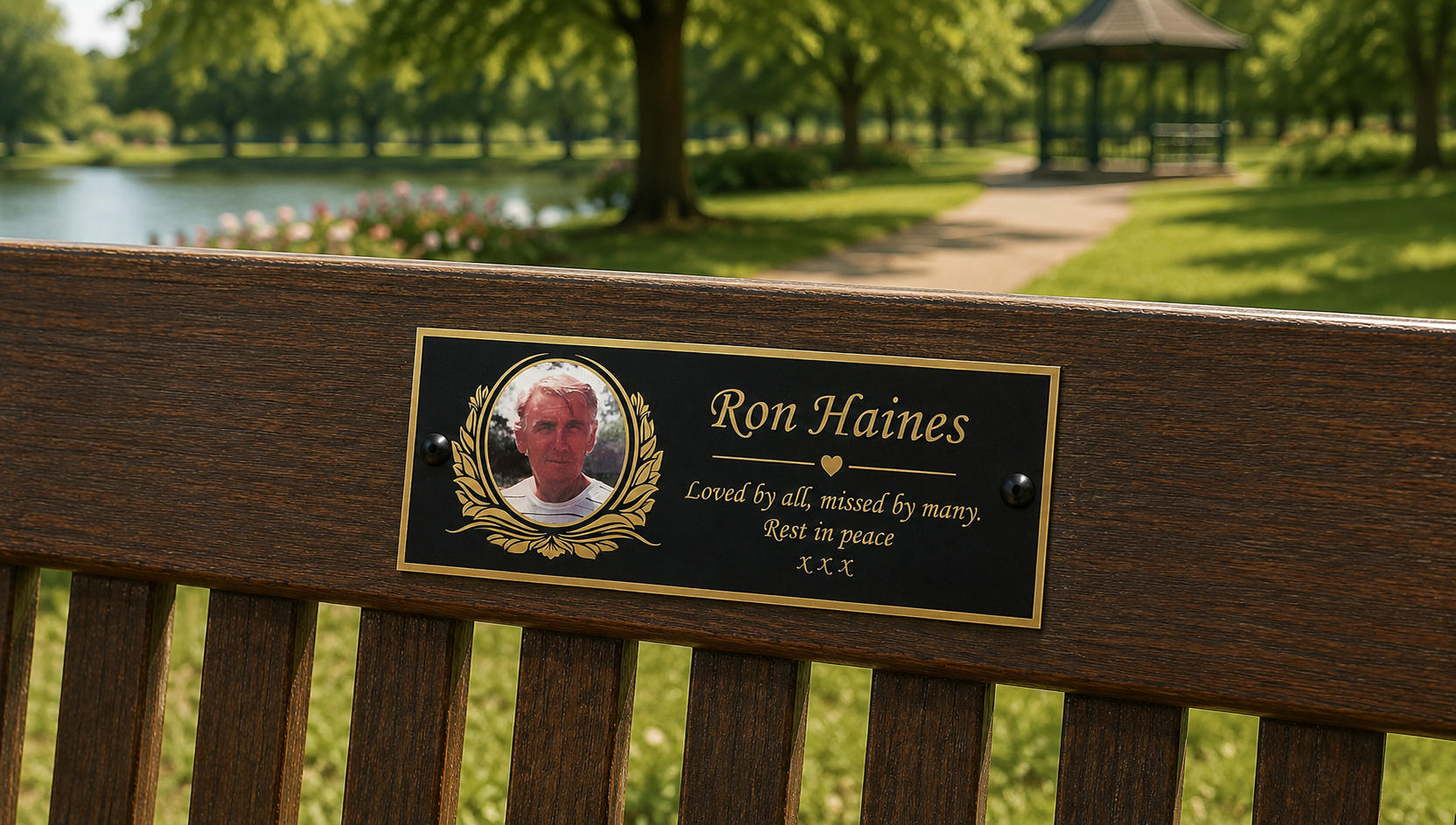 Personalised 16cm x 8cm replacement memorial plaque for wooden cross, grave marker or memorial bench with name, dates and remembrance wording