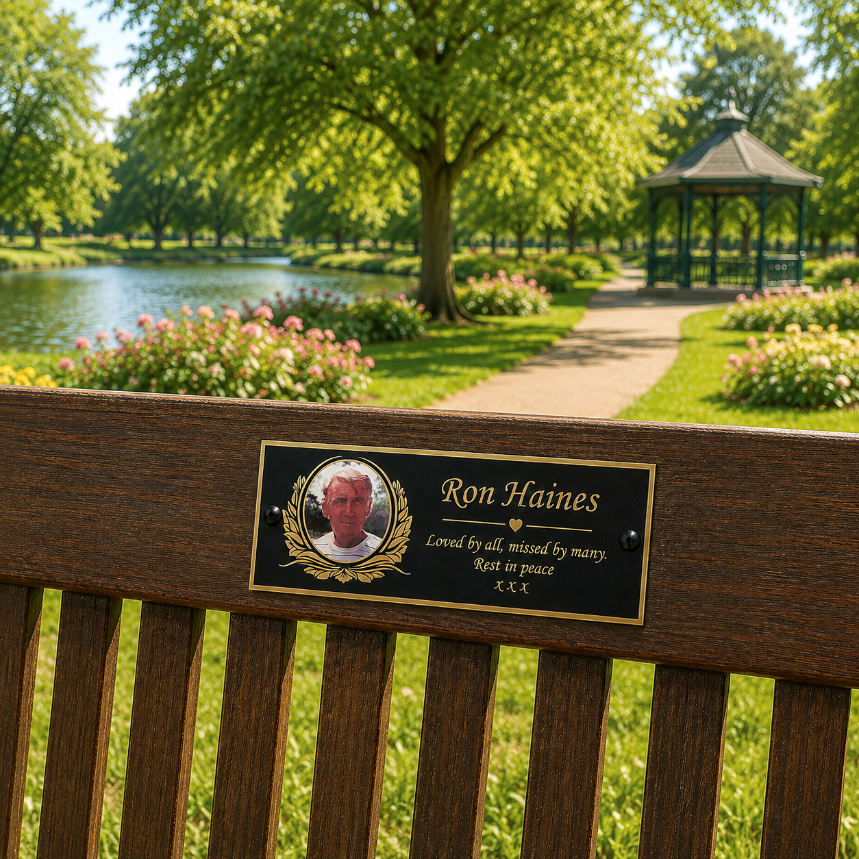 Personalised 18.5cm x 10.5cm memorial plaque with name dates and remembrance wording for memorial bench wall cross or grave marker
