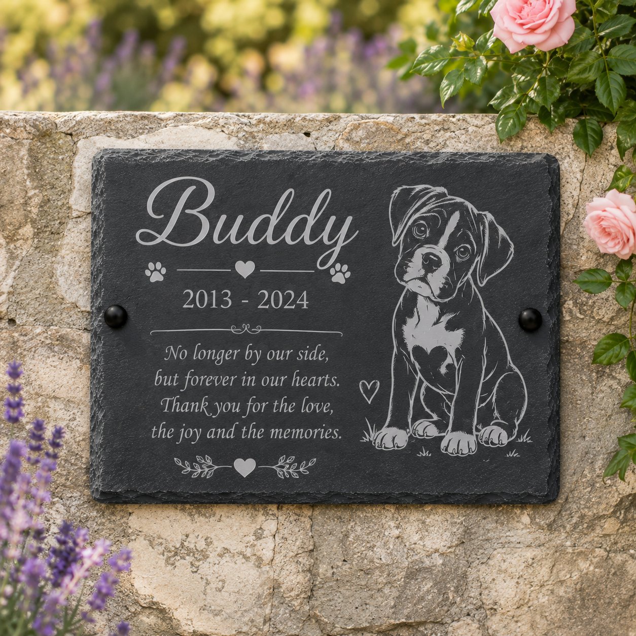Personalized black slate pet memorial plaque mounted on a stone wall, engraved with the name Buddy, years 2013-2024, a puppy illustration, and a remembrance poem. Pink flowers and greenery are visible around the stone wall.