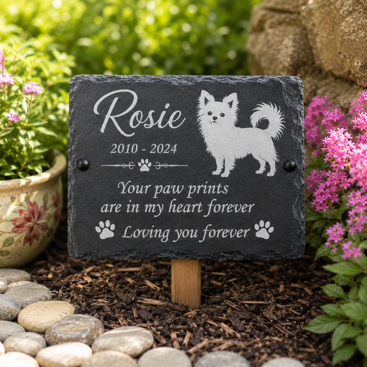 Personalized black slate pet memorial garden stake with engraved white text reading 'Rosie 2010 - 2024 Your paw prints are in my heart forever Loving you forever' and a white dog illustration, shown outdoors in mulch with flowers and rocks around it.