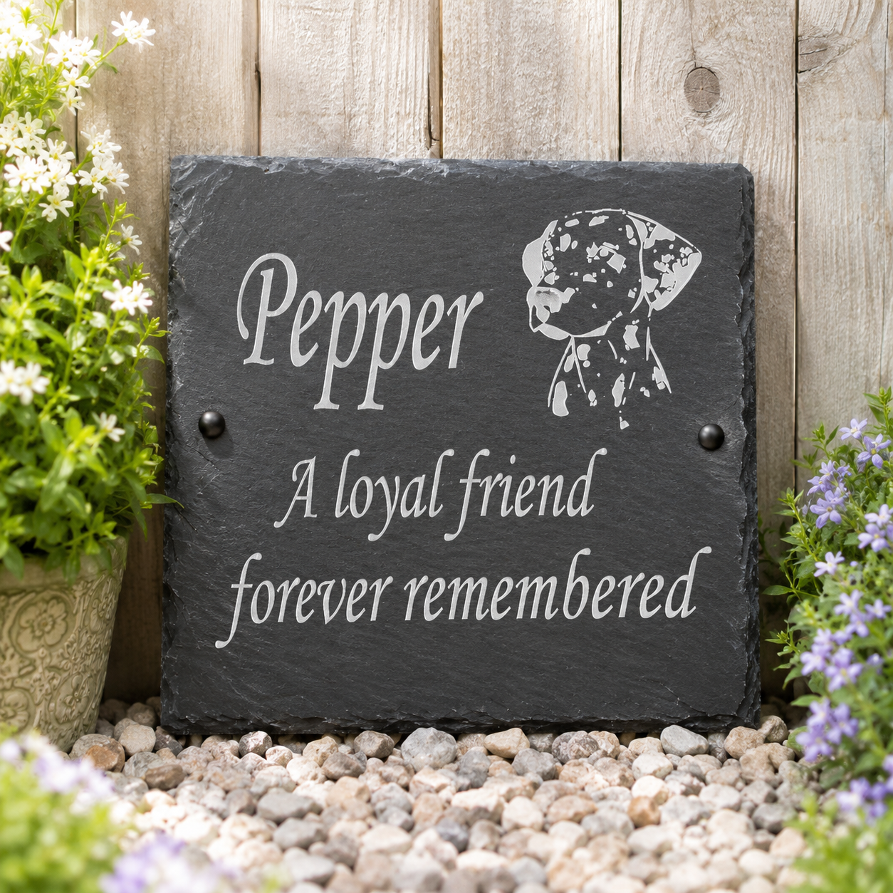 Personalized dark gray slate memorial garden plaque with an engraved Dalmatian dog silhouette and the text 'Pepper A loyal friend forever remembered', displayed outdoors against a wooden fence with gravel and potted plants.