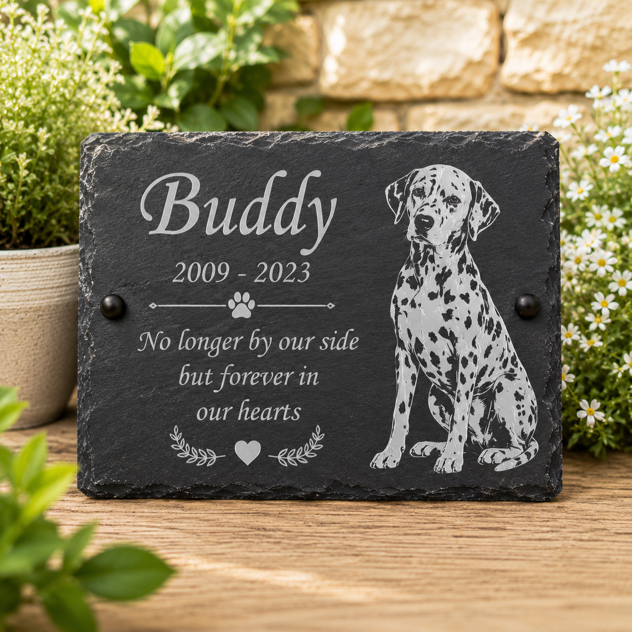 Personalized black slate memorial plaque with engraved white text reading 'Buddy 2009 - 2023 No longer by our side but forever in our hearts' and a Dalmatian dog illustration, displayed on a wooden surface with plants and a stone wall in the background.