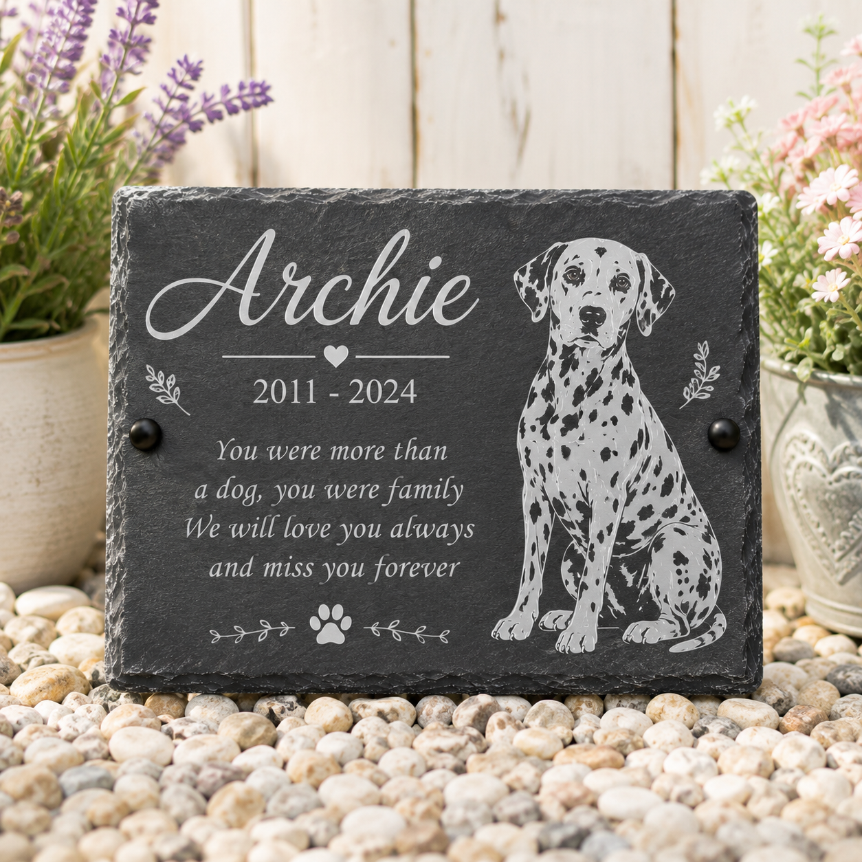 Personalized black slate memorial plaque with engraved white text and a Dalmatian dog illustration, displayed on a bed of small white pebbles with potted flowers in the background.