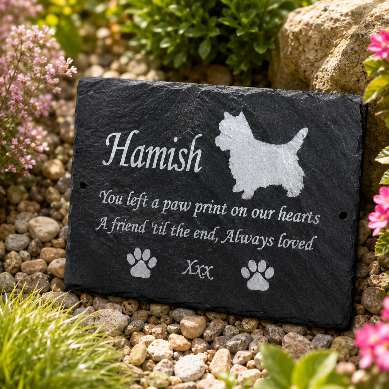 Personalized black slate pet memorial plaque engraved with the name 'Hamish', a West Highland terrier silhouette, paw prints, and remembrance text, displayed outdoors on a bed of small garden stones with flowers and greenery around it.