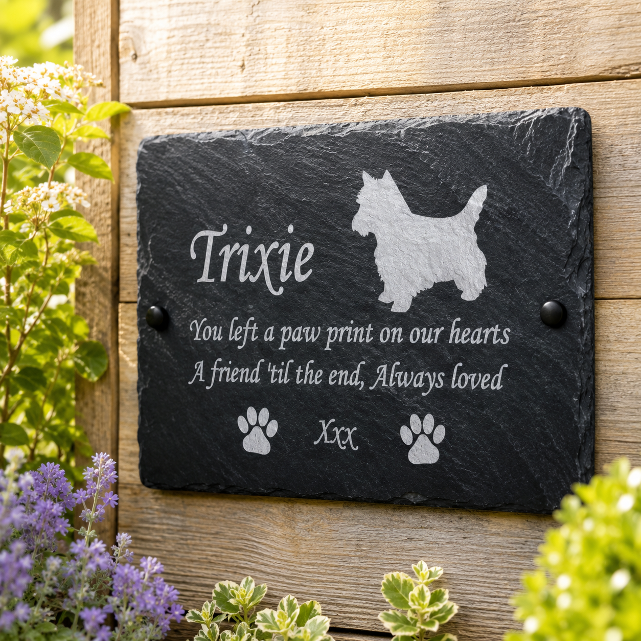 Personalized black slate pet memorial plaque mounted on a wooden fence, engraved with the name 'Trixie', a dog silhouette, and remembrance text, surrounded by garden plants.
