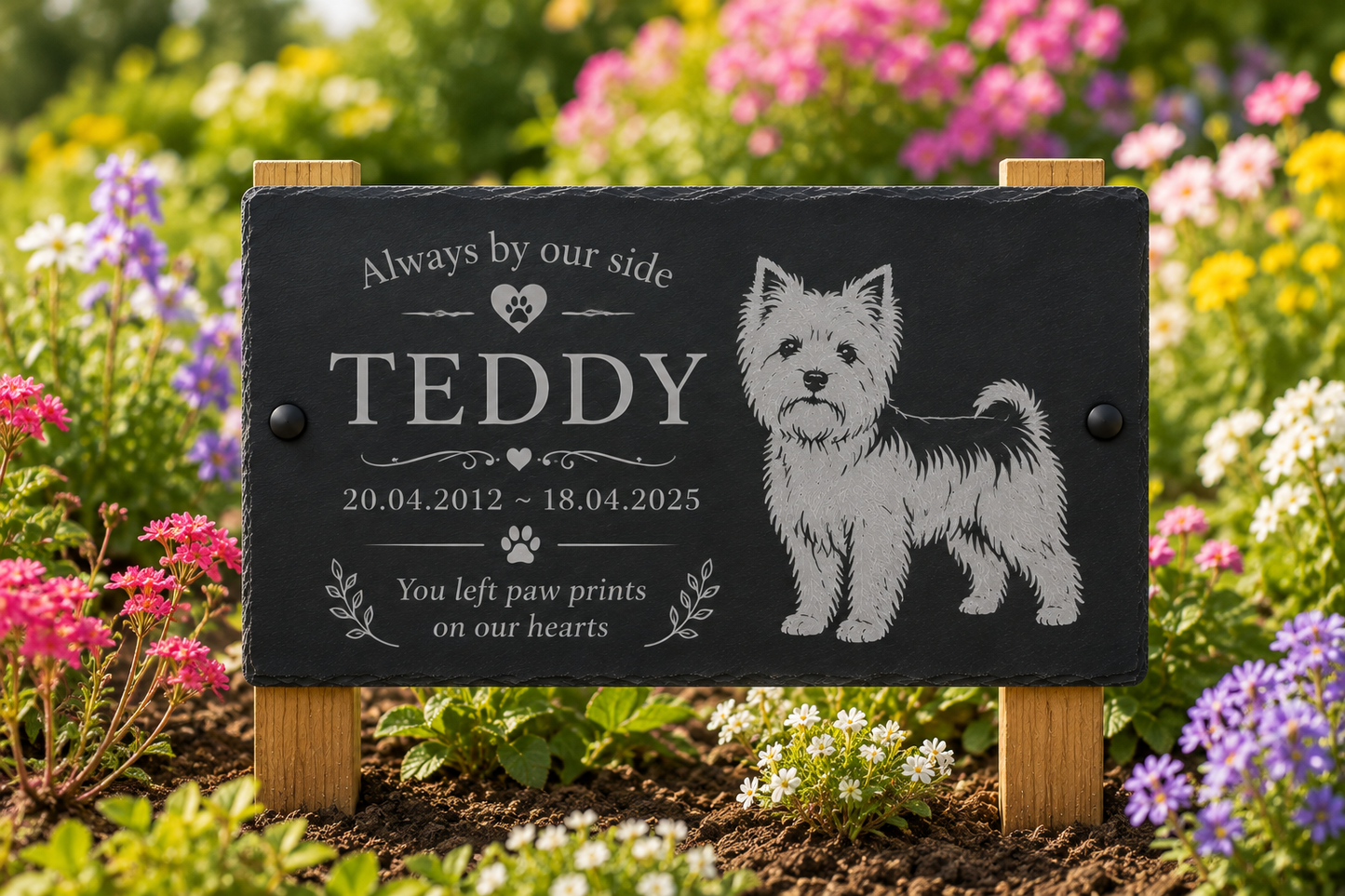 A personalized black slate pet memorial garden plaque with a white engraved West Highland Terrier illustration and the name 'TEDDY', displayed in a real garden setting with colorful flowers.