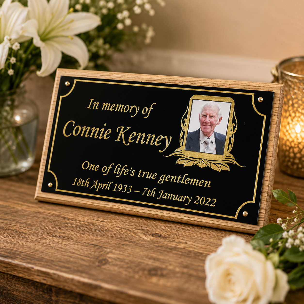 Personalised oak photo memorial plaque with photograph, name and remembrance wording for funeral service, home or memorial garden display