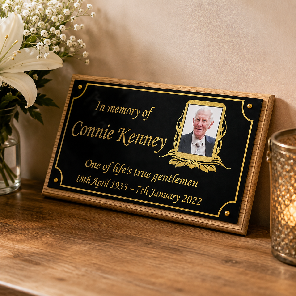 Personalised oak photo memorial plaque with photograph, name and remembrance wording for funeral service, home or memorial garden display