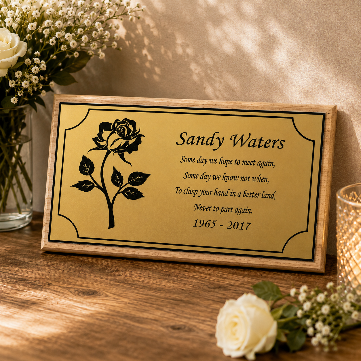 A rectangular wooden memorial plaque with a gold-toned center panel and black engraved text reading 'Sandy Waters' plus a rose illustration and remembrance poem, displayed on a wooden surface with flowers and a candle in the background.
