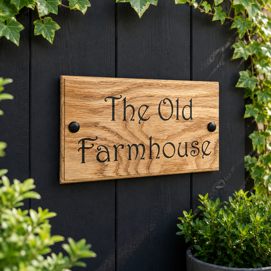A rectangular wooden sign with the words 'The Old Farmhouse' in black script, mounted on a dark blackboard wall with green ivy and plants around it.