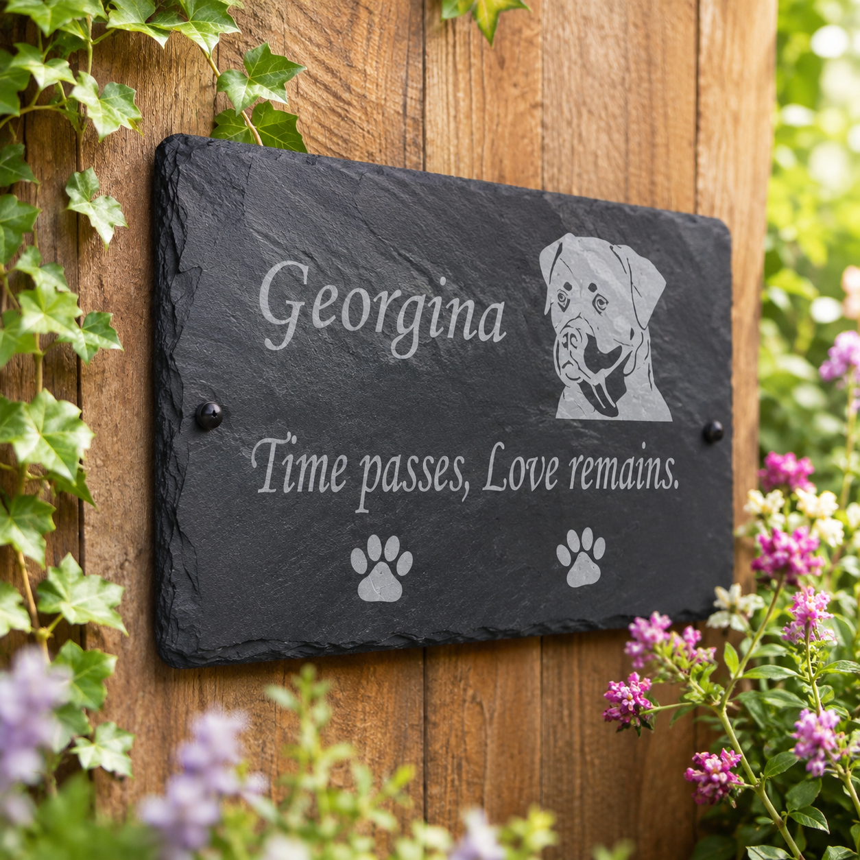 Personalized black slate pet memorial plaque mounted on a wooden fence, engraved with the name Georgina, a dog portrait, the phrase 'Time passes, Love remains.', and two paw prints, surrounded by green ivy and pink flowers.