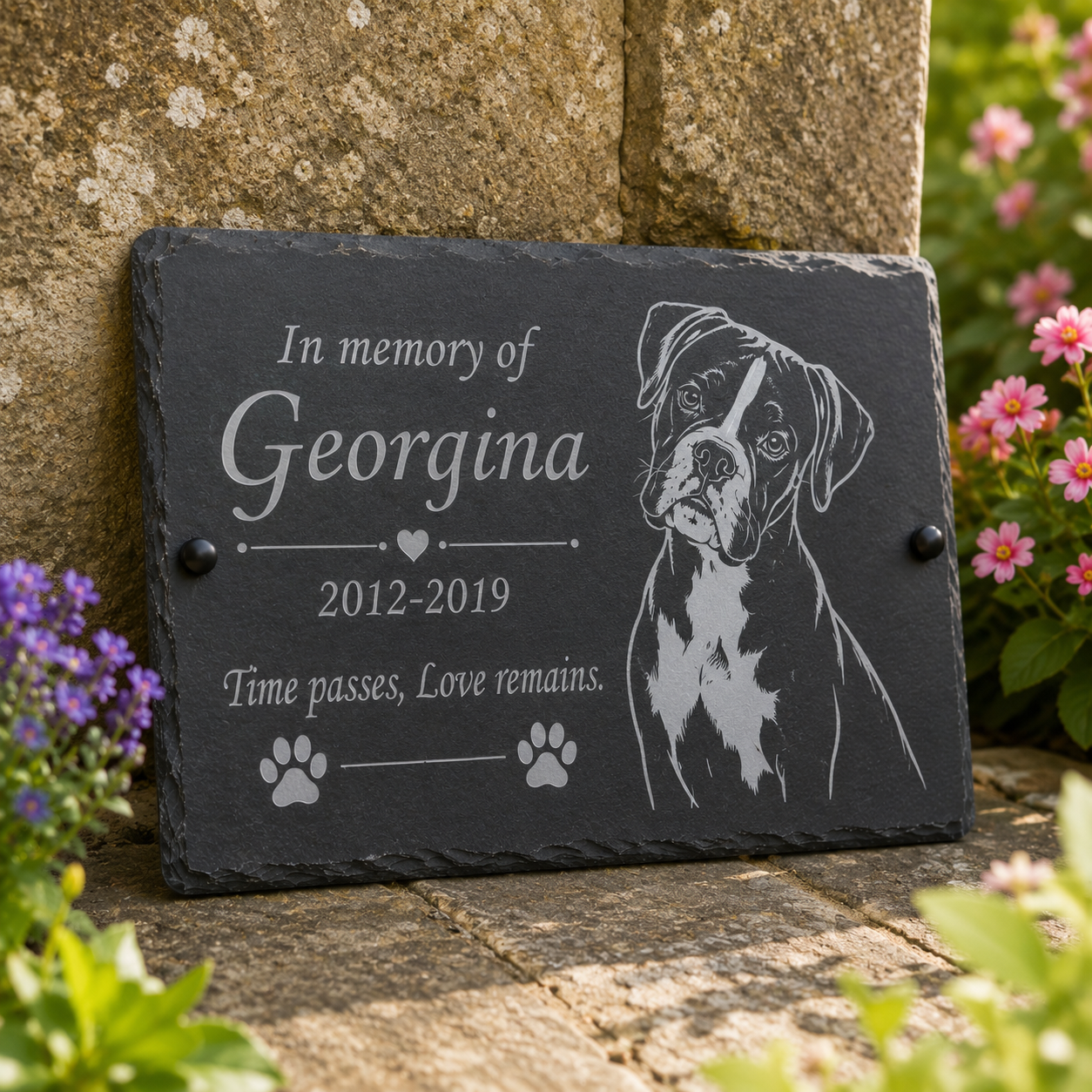 Personalized dark slate memorial plaque with engraved text reading 'In memory of Georgina 2012-2019 Time passes, Love remains.' and a dog portrait, photographed leaning against a stone wall outdoors with flowers around it.