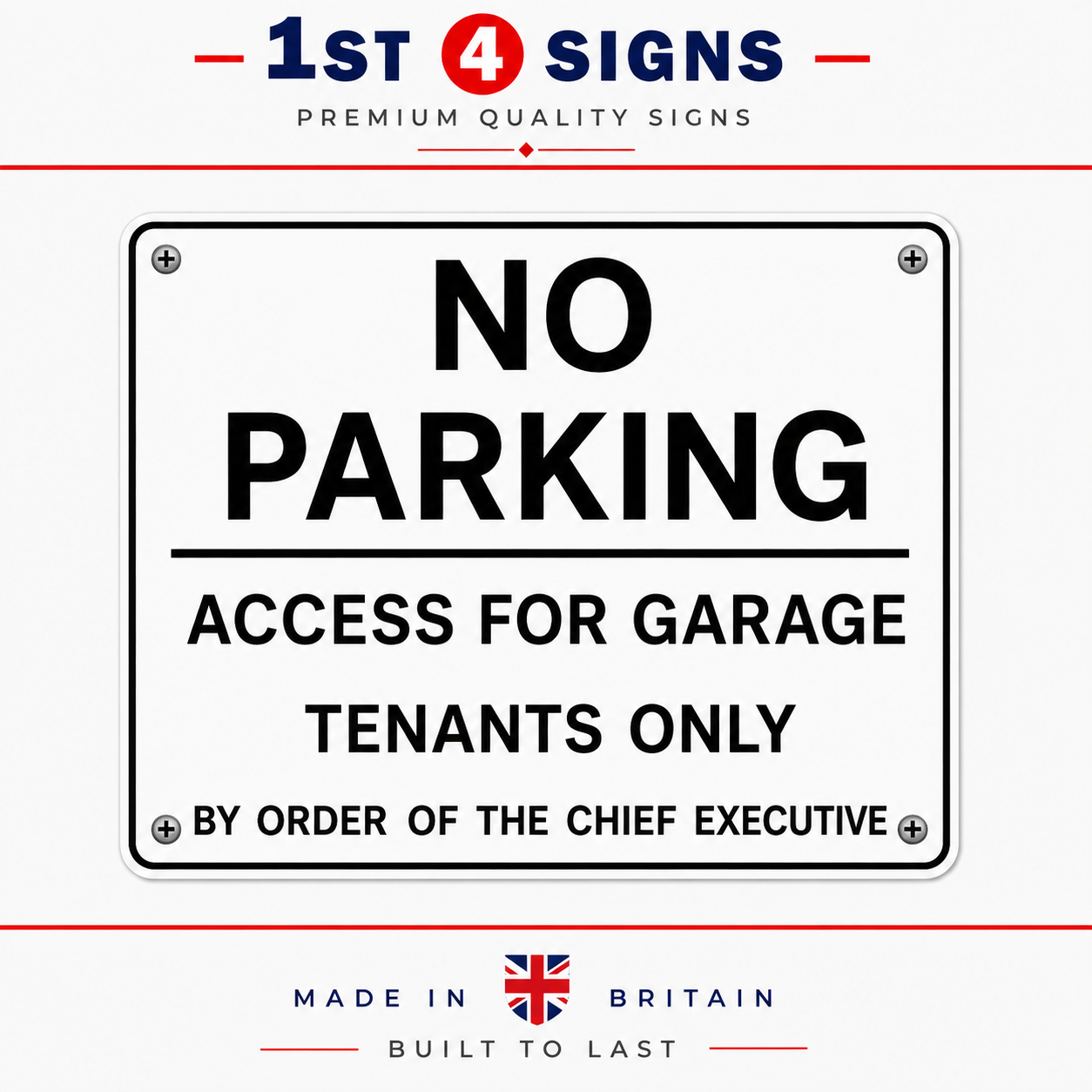 A rectangular white 'NO PARKING' sign with black text, shown on a light gray background with '1st 4 Signs' branding at the top and 'Made in Britain' text at the bottom.