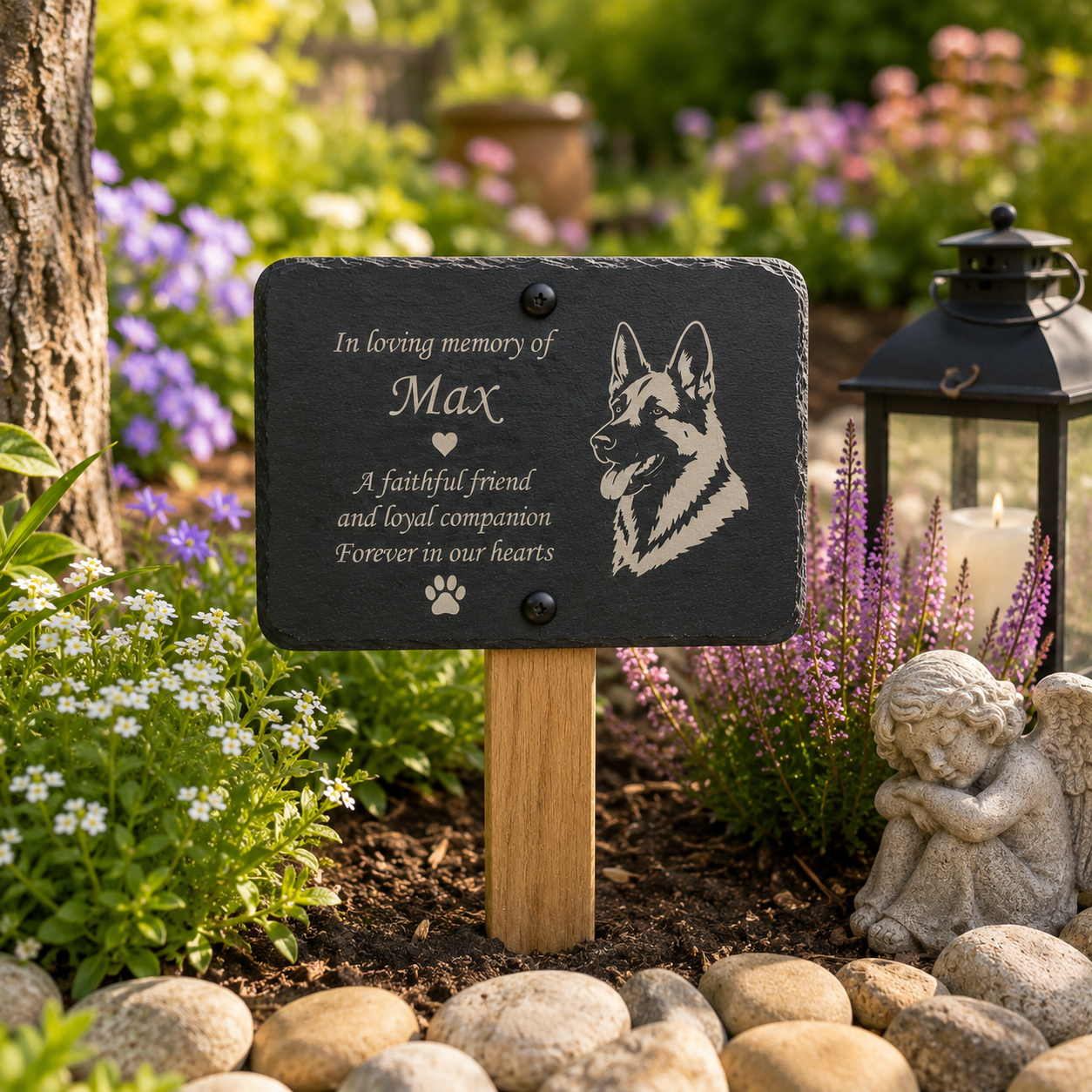 A personalized pet memorial garden plaque made of dark slate with engraved white text and a dog portrait, mounted on a wooden stake in a garden setting with flowers, rocks, a lantern, and a small angel statue.
