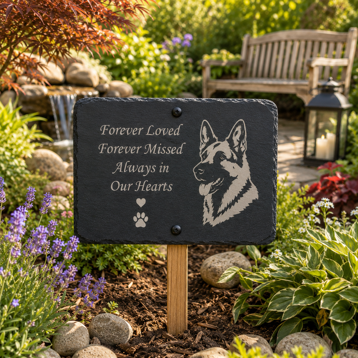 A personalized black slate pet memorial garden sign with an engraved German Shepherd portrait and the text 'Forever Loved Forever Missed Always in Our Hearts,' mounted on a wooden stake in a landscaped garden bed.