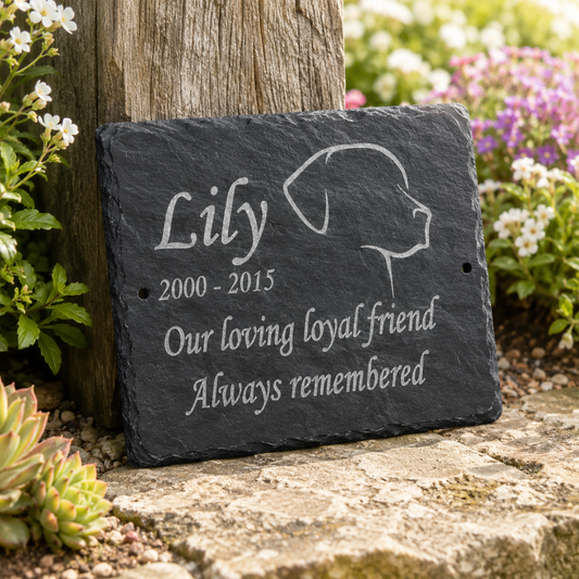 Personalized dark gray slate pet memorial plaque engraved with the name 'Lily', dates '2000 - 2015', and the phrase 'Our loving loyal friend Always remembered', shown leaning against a wooden post in a garden setting.