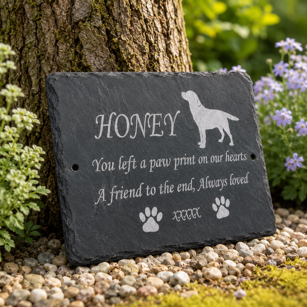 Personalized dark gray slate pet memorial plaque leaning against a tree trunk on a bed of small stones, with engraved text reading “HONEY You left a paw print on our hearts, A friend to the end, Always loved” and paw print graphics.