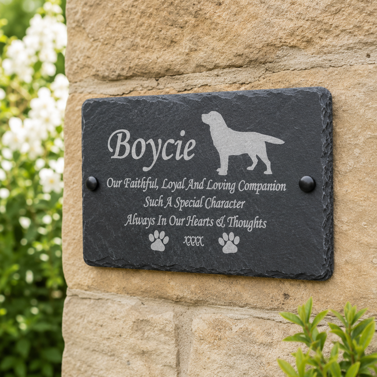 A personalized black slate memorial plaque mounted on a beige stone wall, featuring the engraved name 'Boycie', a dog silhouette, paw prints, and a short memorial inscription.