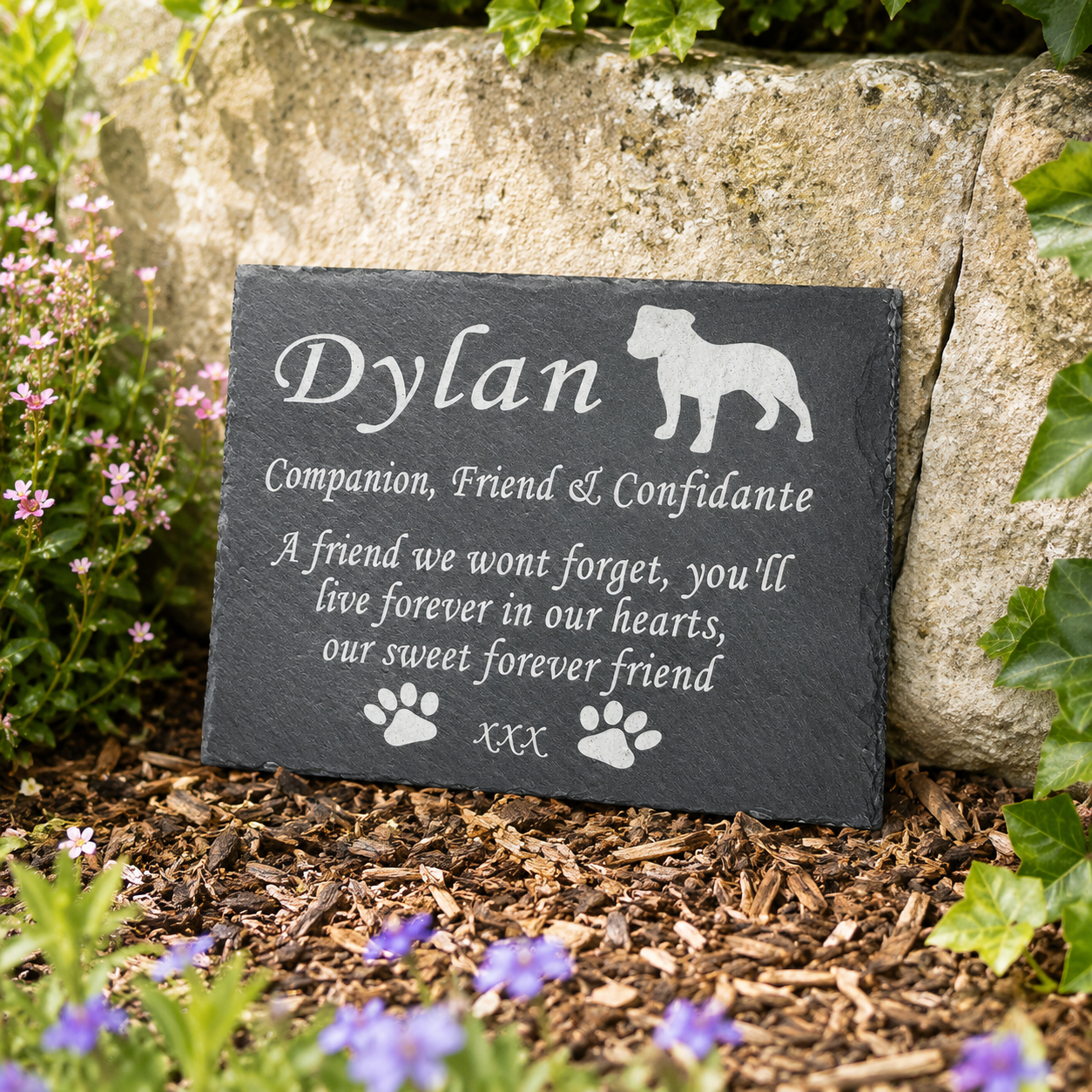 Personalized black slate pet memorial garden plaque with engraved white text reading 'Dylan' and a dog silhouette, placed on mulch beside a stone wall with green ivy and small purple flowers.