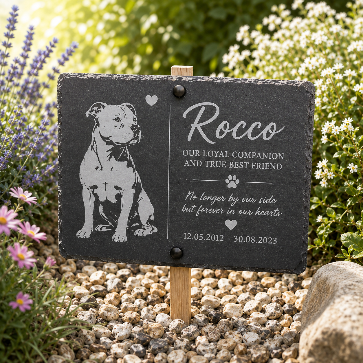 Personalized black slate pet memorial garden marker engraved with a pitbull dog illustration and the name 'Rocco', displayed in a gravel garden bed with flowers in the background.