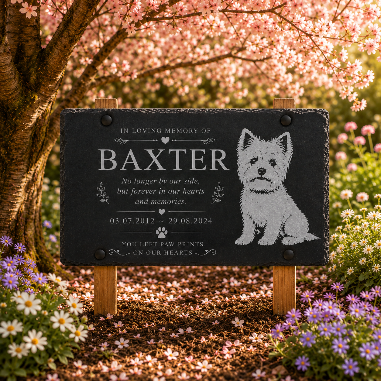 Personalized black slate pet memorial plaque on wooden stands, featuring an engraved white West Highland Terrier illustration and memorial text, displayed outdoors in a garden under blooming cherry blossom trees.