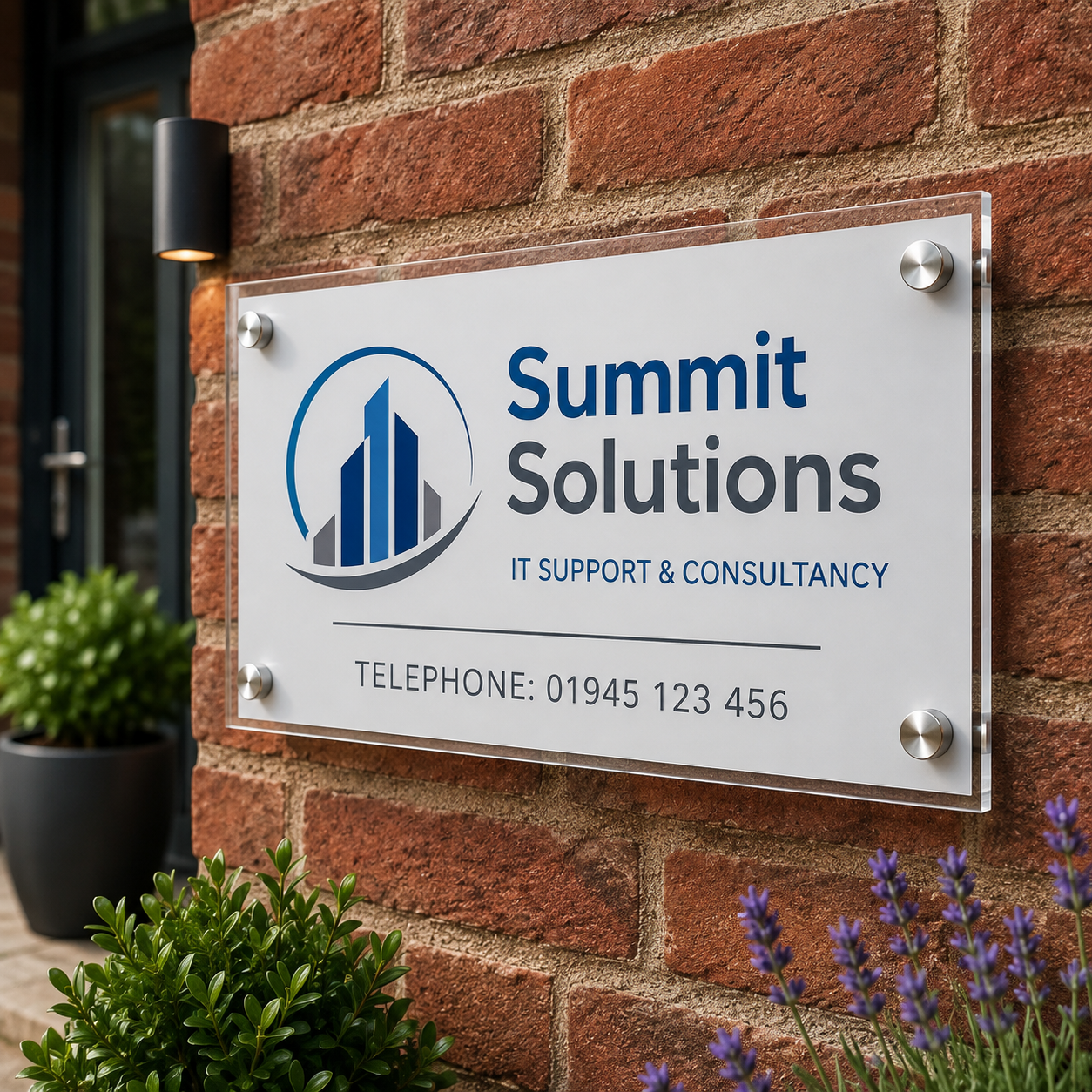 A clear acrylic sign with rounded corners displaying the 'Summit Solutions IT Support & Consultancy' logo and contact details, mounted on a red brick wall with small potted plants in the foreground.