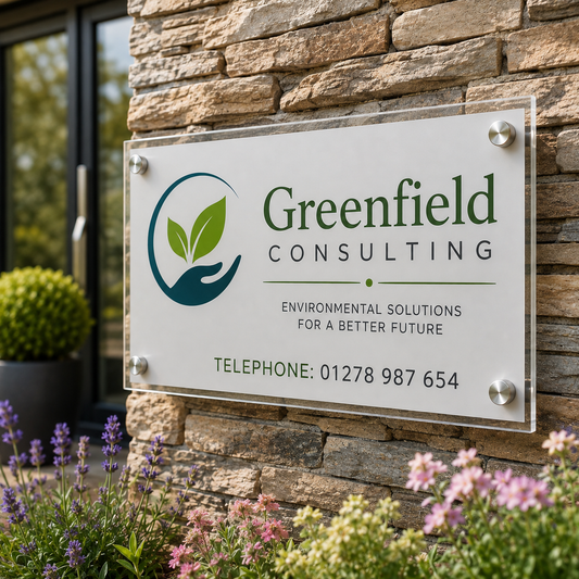 A clear acrylic sign with rounded corners displaying the Greenfield Consulting logo and contact details, mounted on a stone wall with flowers in the foreground.