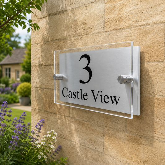 A modern acrylic house number sign reading '3 Castle View' in black lettering, mounted on a beige stone wall with garden plants visible in the foreground.
