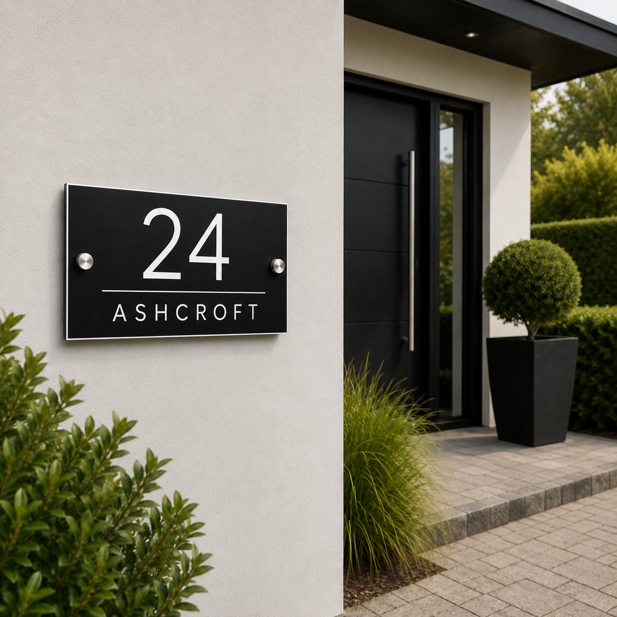 A modern black metal house number sign reading '24 ASHCROFT' mounted on a light gray stucco exterior wall next to a black front door and landscaped greenery.