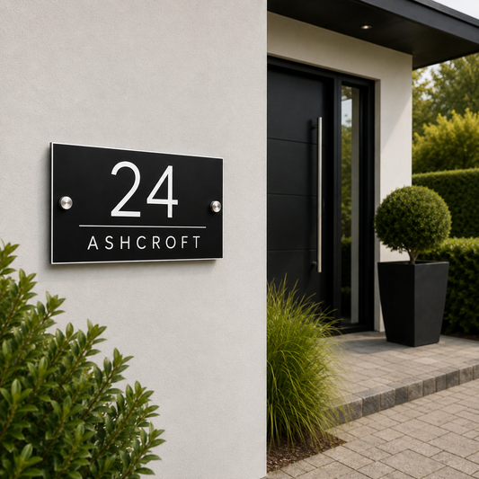A modern black metal house number sign reading '24 ASHCROFT' mounted on a light gray stucco exterior wall next to a black front door and landscaped greenery.
