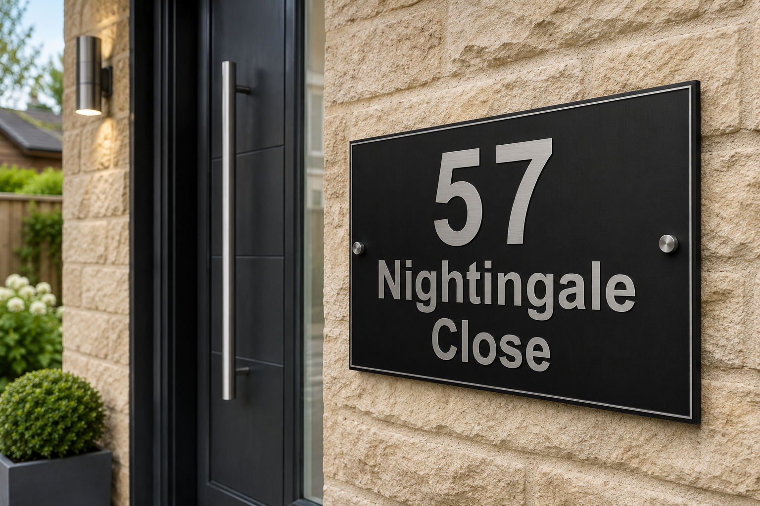 A black rectangular house number sign with silver lettering reading '57 Nightingale Close' mounted on a beige stone wall next to a black door.
