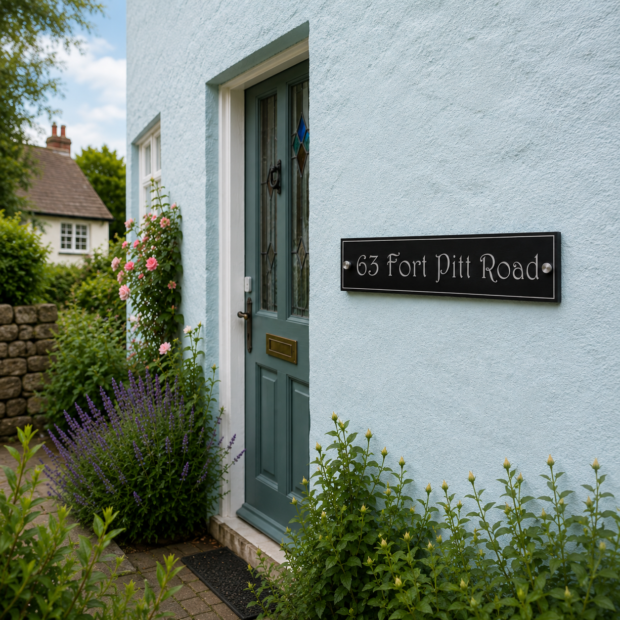 A black rectangular house number sign reading '63 Fort Pitt Road' mounted on a light blue stucco wall beside a teal door, with green plants and flowers in the foreground.