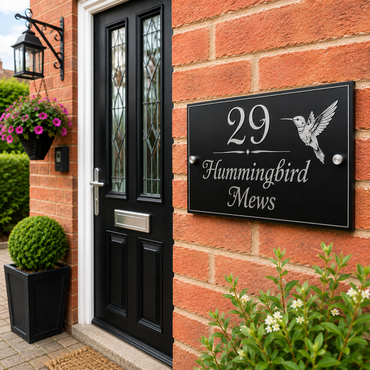 A black rectangular house number plaque mounted on a red brick wall, featuring the number 29 and the text 'Hummingbird Mews' in white, alongside a white hummingbird illustration. The scene includes a black front door, potted plants, and a hanging flower basket.