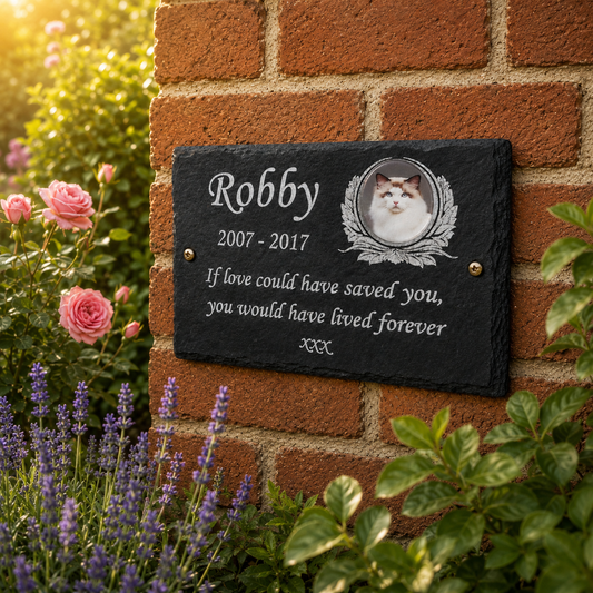 Personalised cat and dog photo memorial plaque and natural slate pet grave marker with photograph, name, dates and remembrance wording