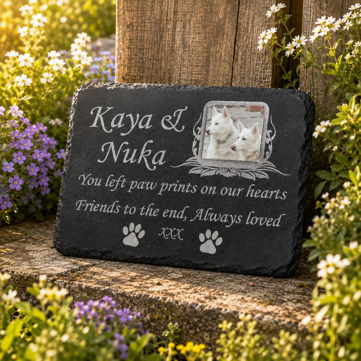 Personalised dog and cat photo memorial plaque and natural slate pet grave marker with photograph, name, dates and remembrance wording