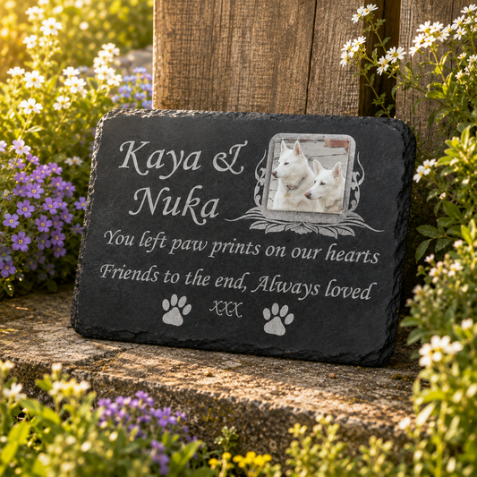 Personalised dog and cat photo memorial plaque and natural slate pet grave marker with photograph, name, dates and remembrance wording