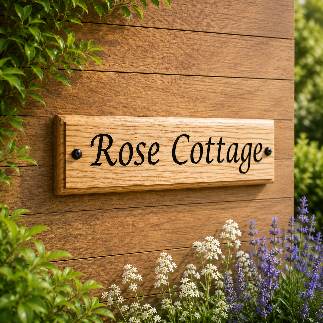 A rectangular wooden sign reading “Rose Cottage” in black script, mounted on a brown wood plank wall with green foliage and small white and purple flowers around it.