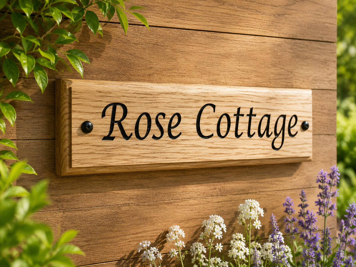 A rectangular wooden sign with the words 'Rose Cottage' in black script, mounted on a brown wooden wall with green leaves and small white and purple flowers around it.