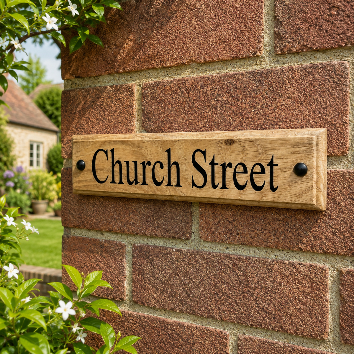 A rectangular wooden house number sign reading 'Church Street' in black lettering, mounted on a red-brown brick wall with green foliage in the foreground.