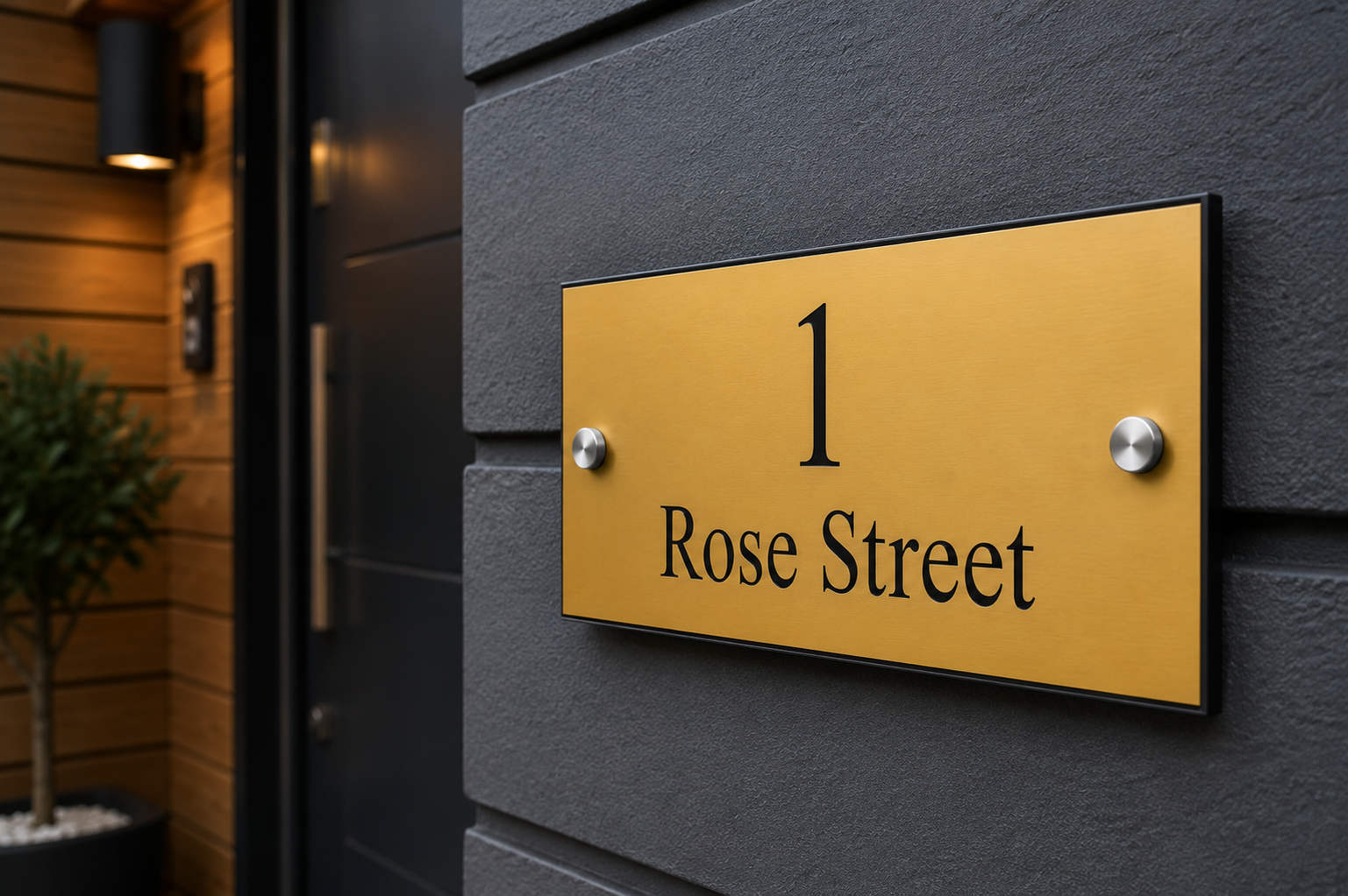 A rectangular gold house number sign reading '1 Rose Street' with black lettering and silver mounting hardware, mounted on a dark gray textured wall next to a doorway.