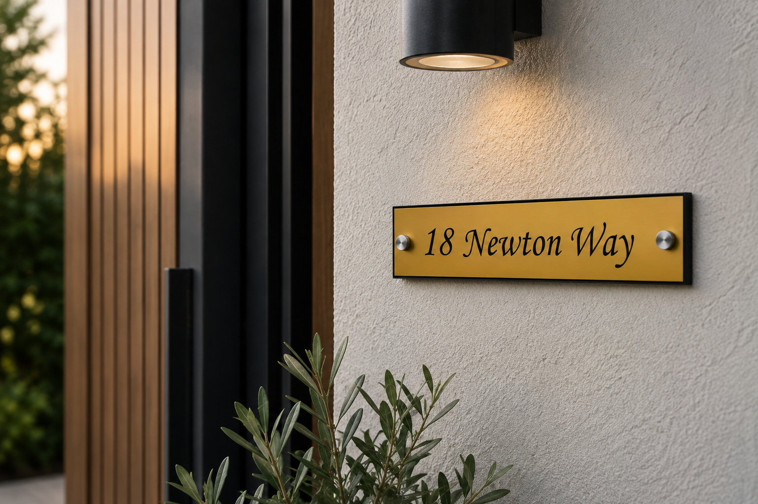 A rectangular gold address plaque with black lettering reading '18 Newton Way' mounted on a textured white stucco wall under a black outdoor wall light.