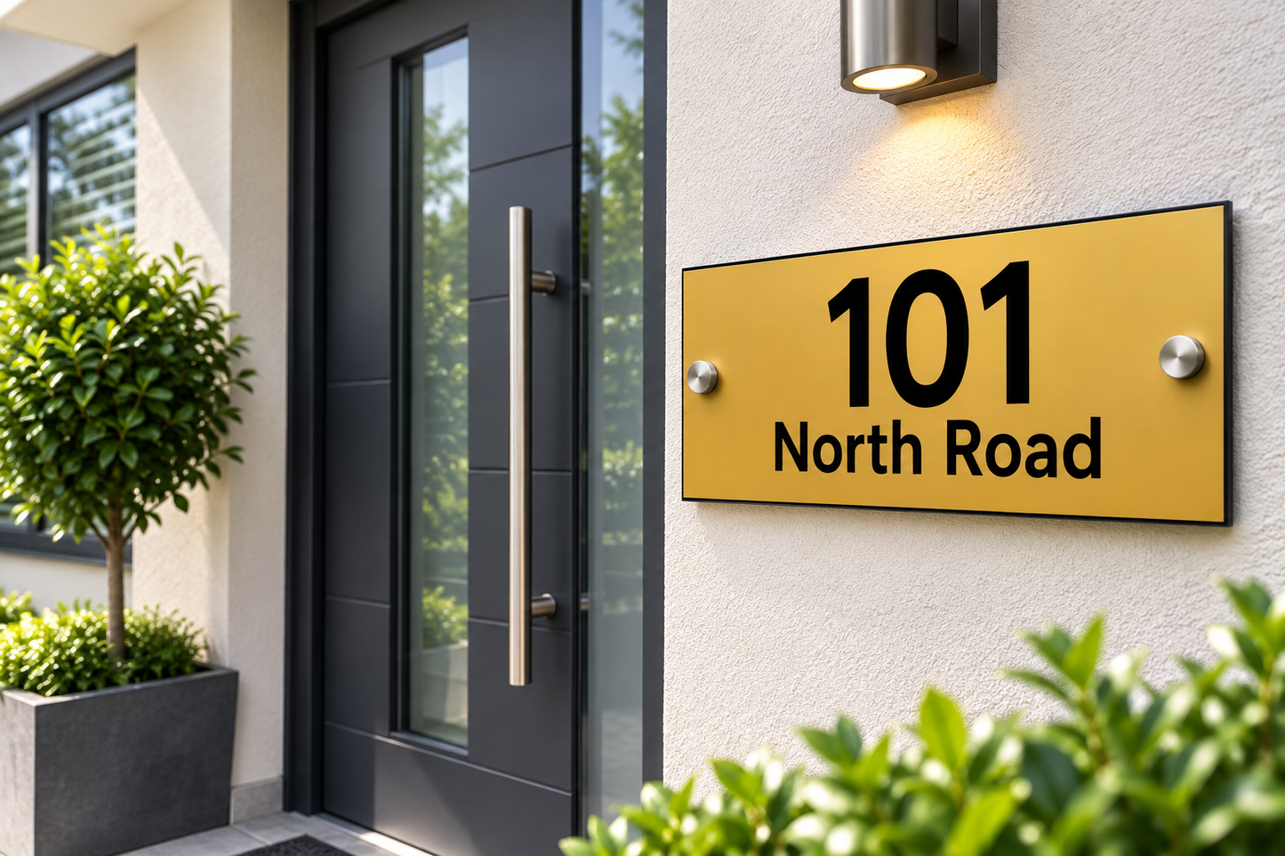 A modern yellow house number sign reading '101 North Road' mounted on a textured white stucco wall next to a black front door with a vertical handle.