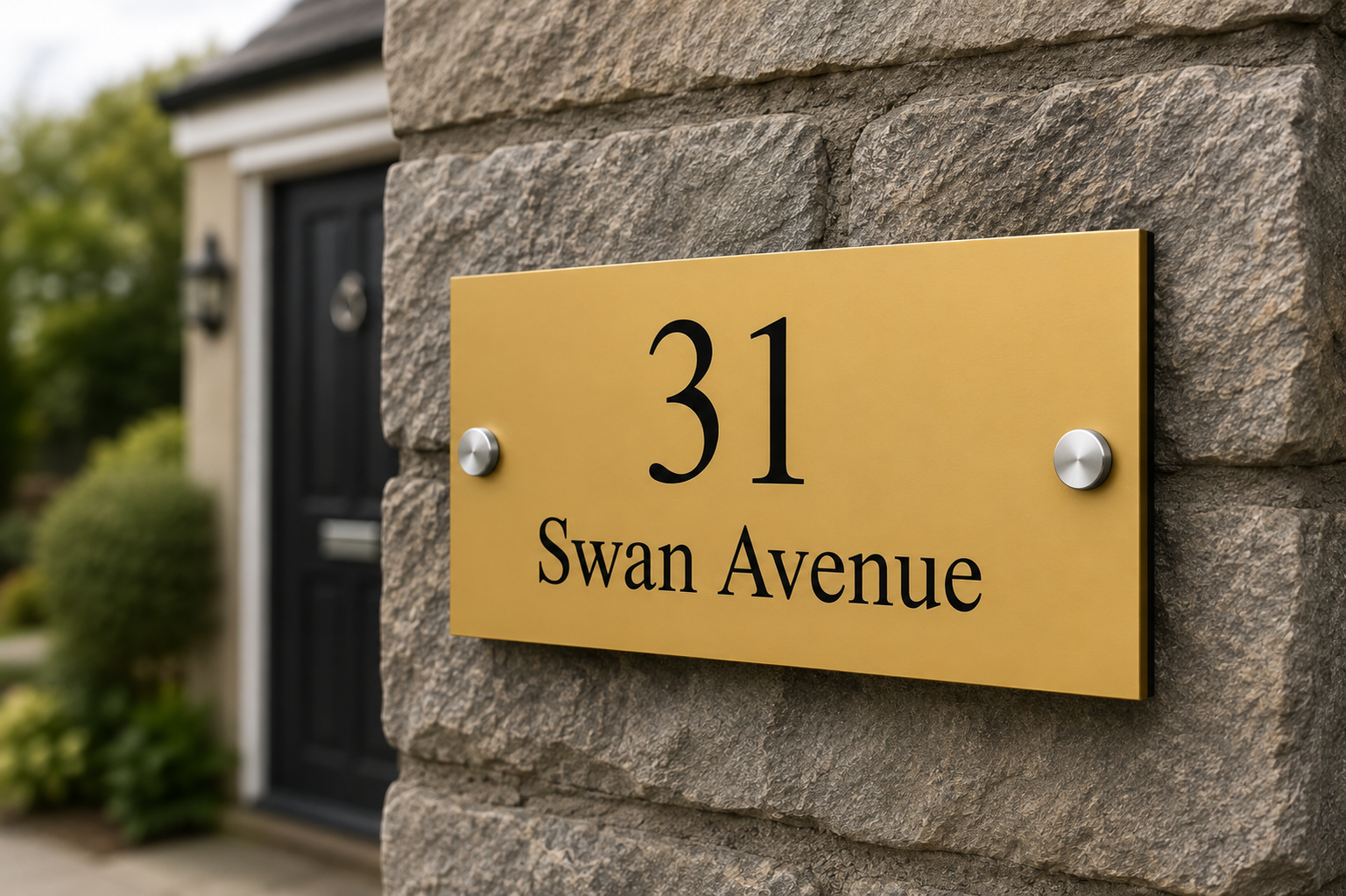 A rectangular gold house number plaque reading '31 Swan Avenue' mounted on a gray stone wall, with a blurred house entrance in the background.