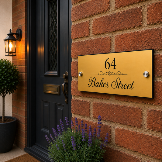 A rectangular gold house number plaque reading '64 Baker Street' with silver round hardware, mounted on a red brick wall next to a black front door and small potted plants.