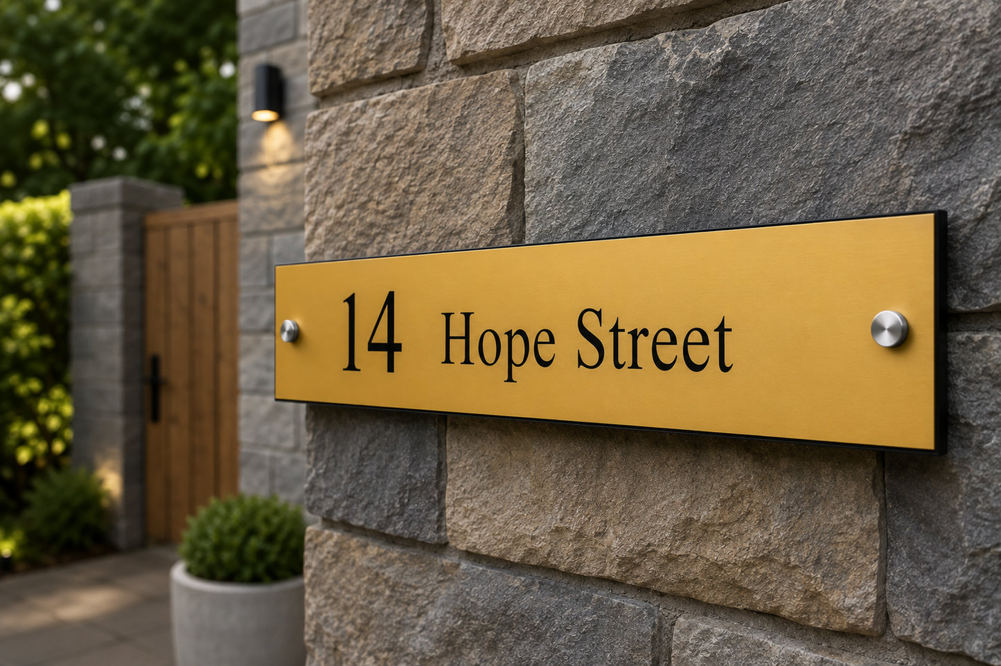 A rectangular gold house number sign reading '14 Hope Street' mounted on a gray stone wall, with a garden and wooden door visible in the background.
