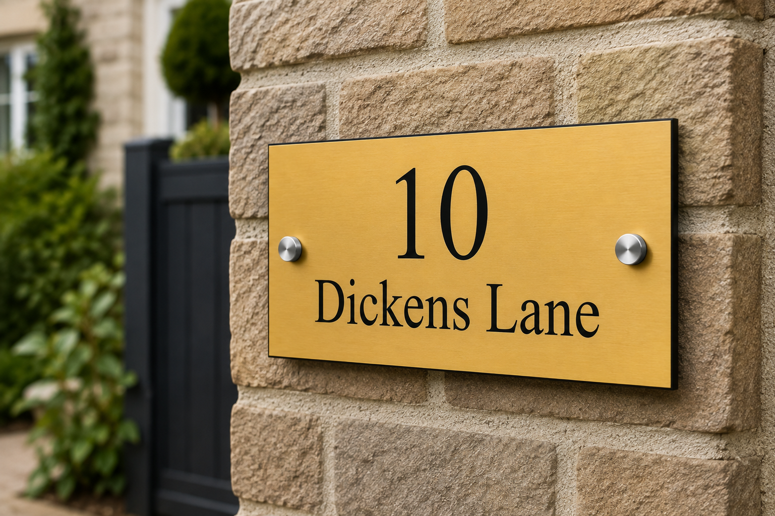 A rectangular gold house number sign reading '10 Dickens Lane' mounted on a beige stone brick wall with a dark gate and greenery in the background.